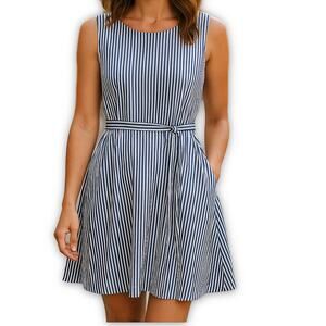Cappagallo Fit And Flare Dress Blue White Stripe Belted Sleeveless Size 16